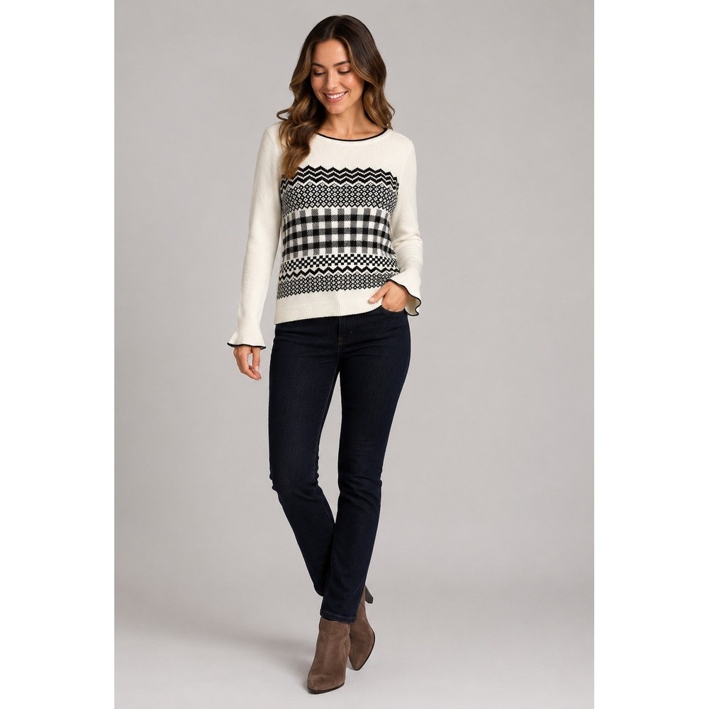 Talbots Sweater Womens Medium Petite Cream Black Wool Blend Bell Sleeve‎ Holiday